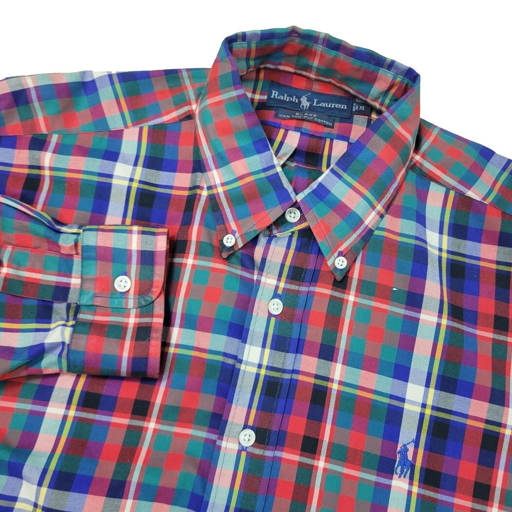 Vintage Ralph Lauren Blake Mens Medium Multicolor Plaid Blue Pony Button Down